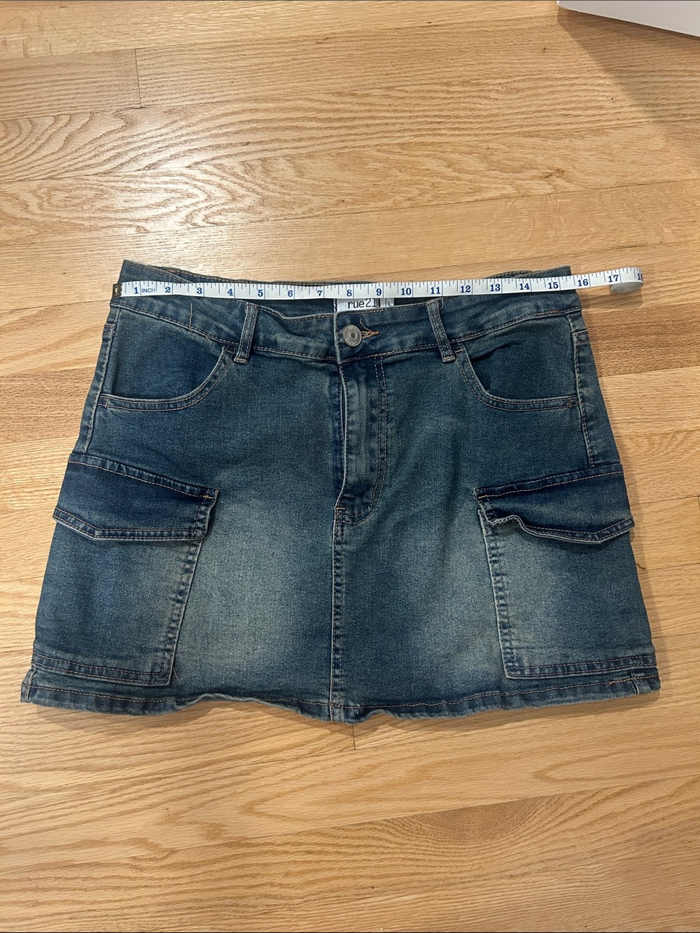 Dark wash cargo denim mini skirt